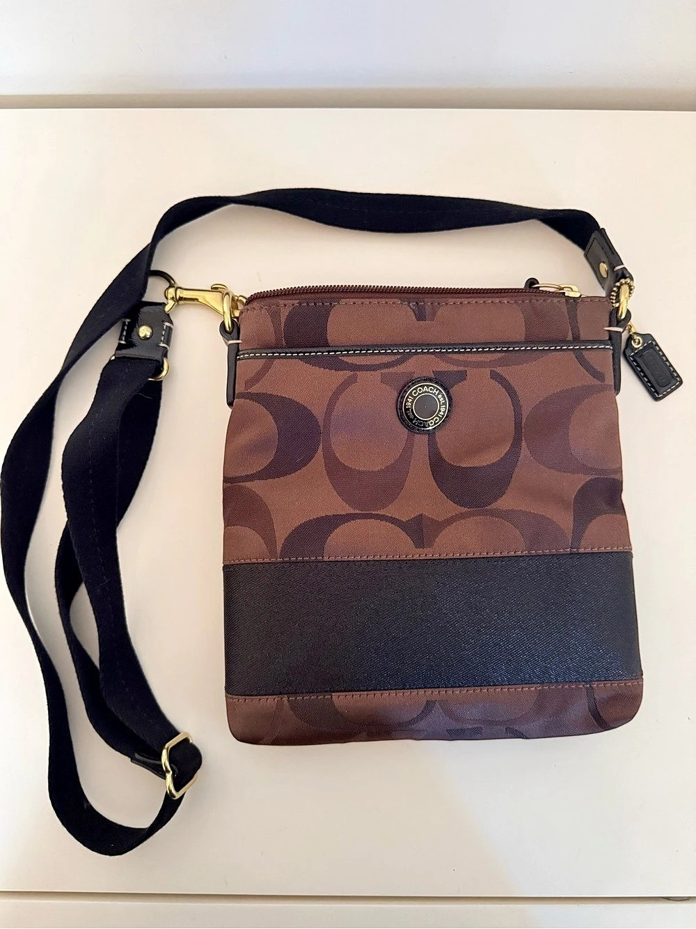 Coach Signature Stripe File Bag Brown Bag